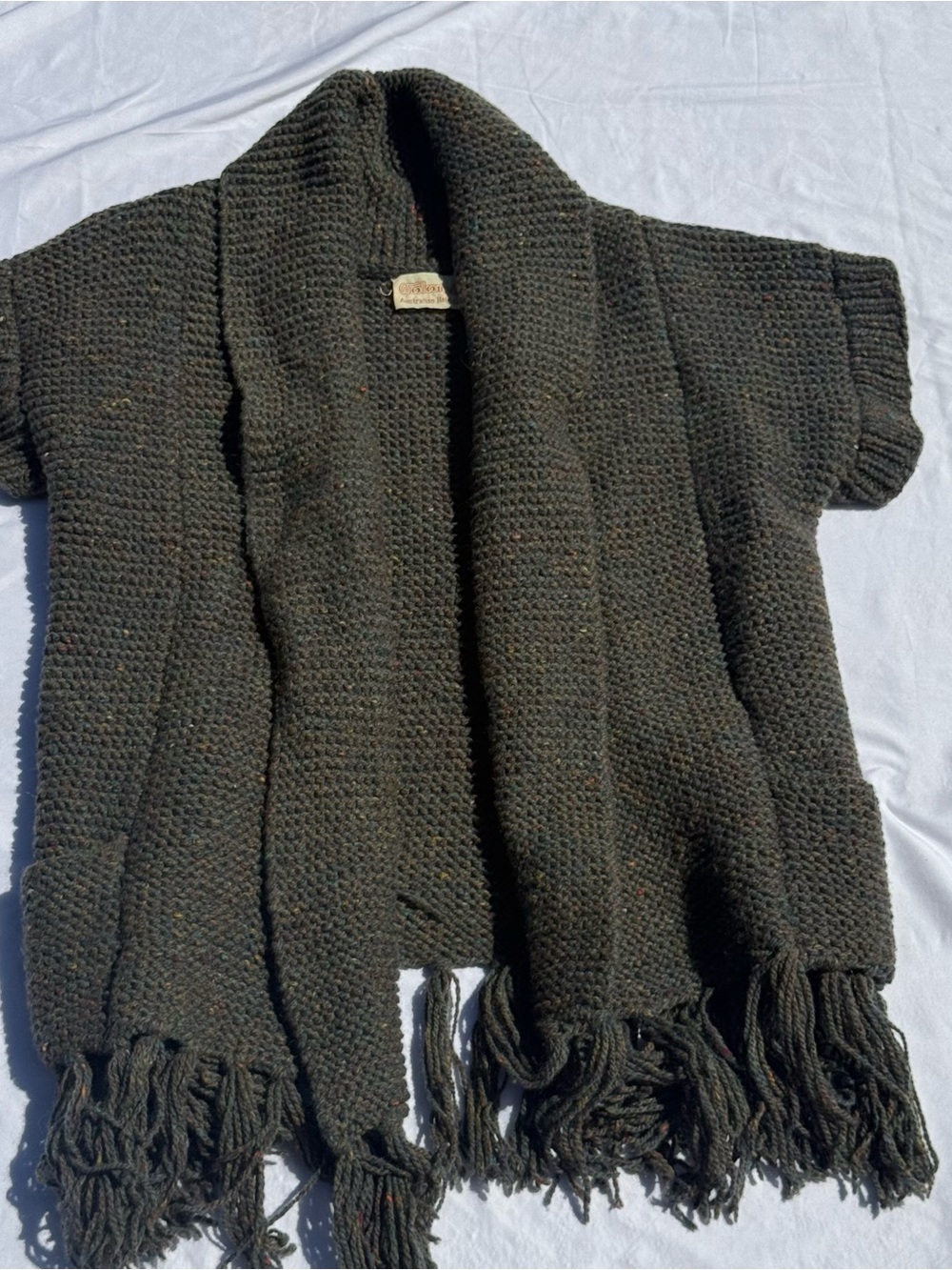 Cozy Open-Front Fringe Knit Poncho Shrug Vintage— Dark Olive